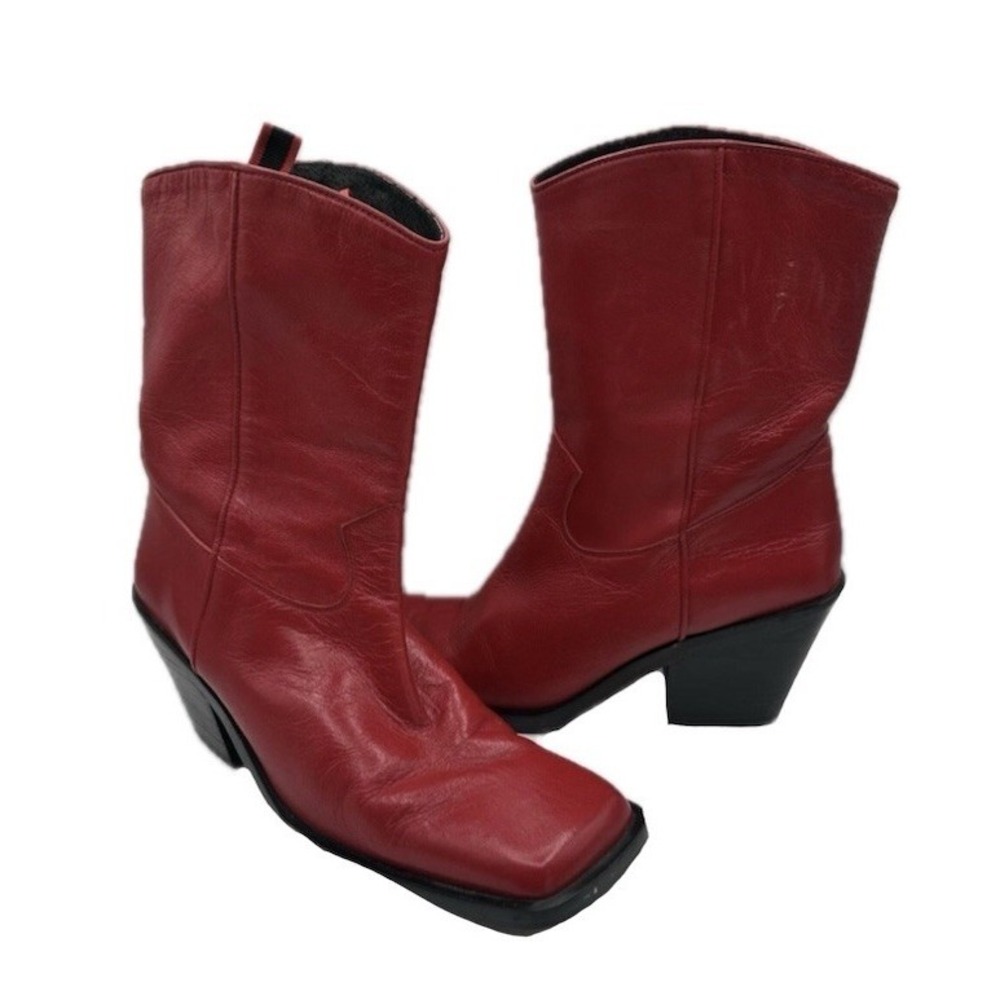 Guess Vintage Bright Red Leather Western Square Toe Block‎ Heels Sz 39 RARE